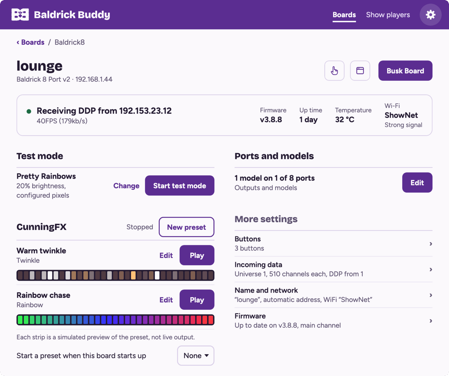 A Baldrick 8 Port board page: receiving DDP at 40FPS, test mode, CunningFX presets with preview strips, ports and models, and more settings