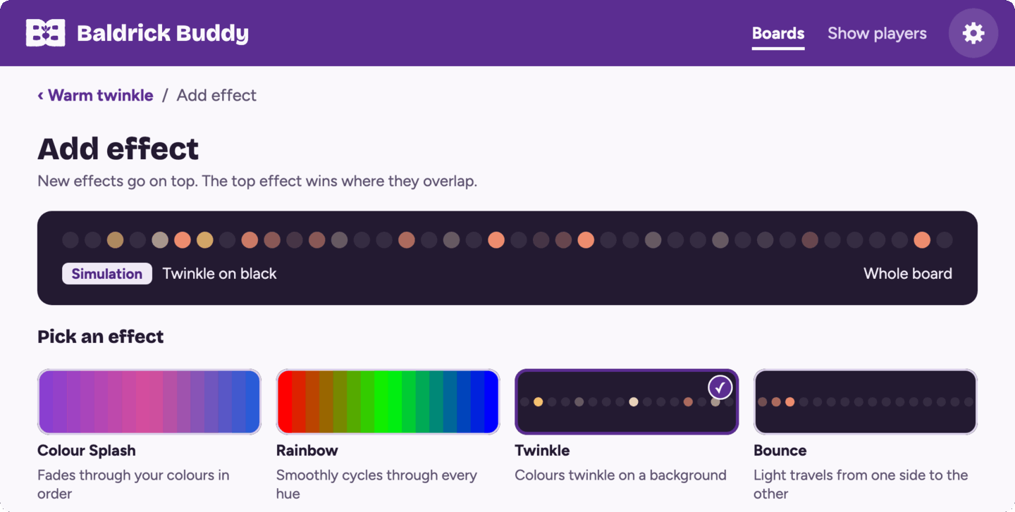 Adding a Twinkle effect to a CunningFX preset, with a simulated preview and tiles for Colour Splash, Rainbow, Twinkle and Bounce