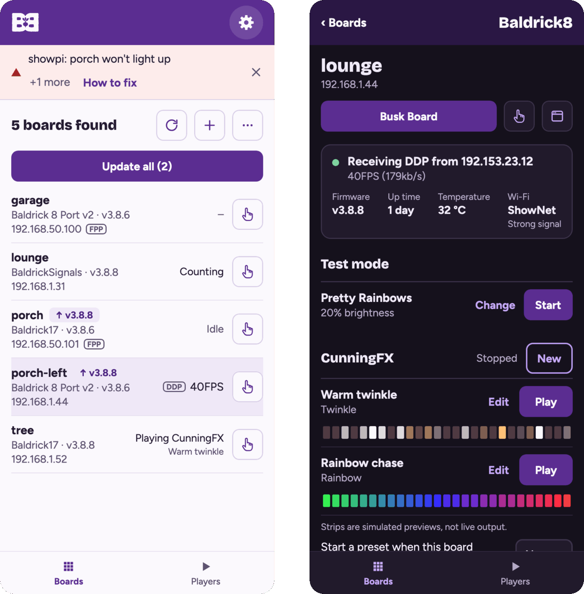 Baldrick Buddy on a phone: the board list in light mode, and a board page with test mode and CunningFX in dark mode