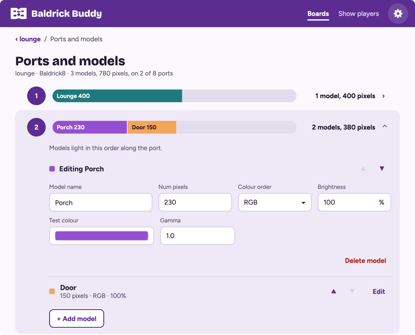 Ports and models in Baldrick Buddy: port 1 with Lounge, port 2 with Porch and Door, and the Porch model open for editing