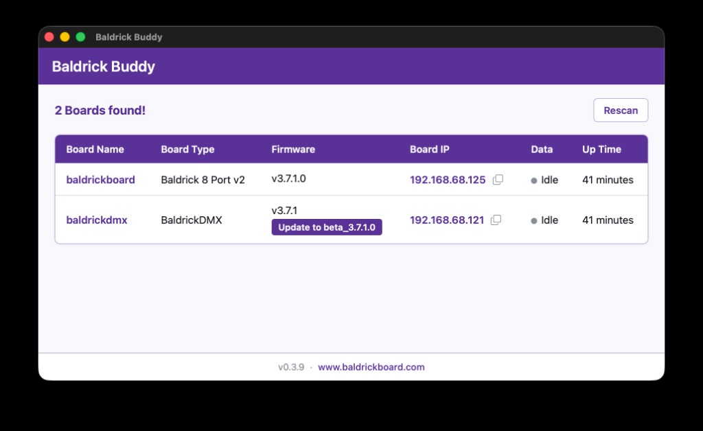 Baldrick Buddy showing two boards on the network with firmware update option