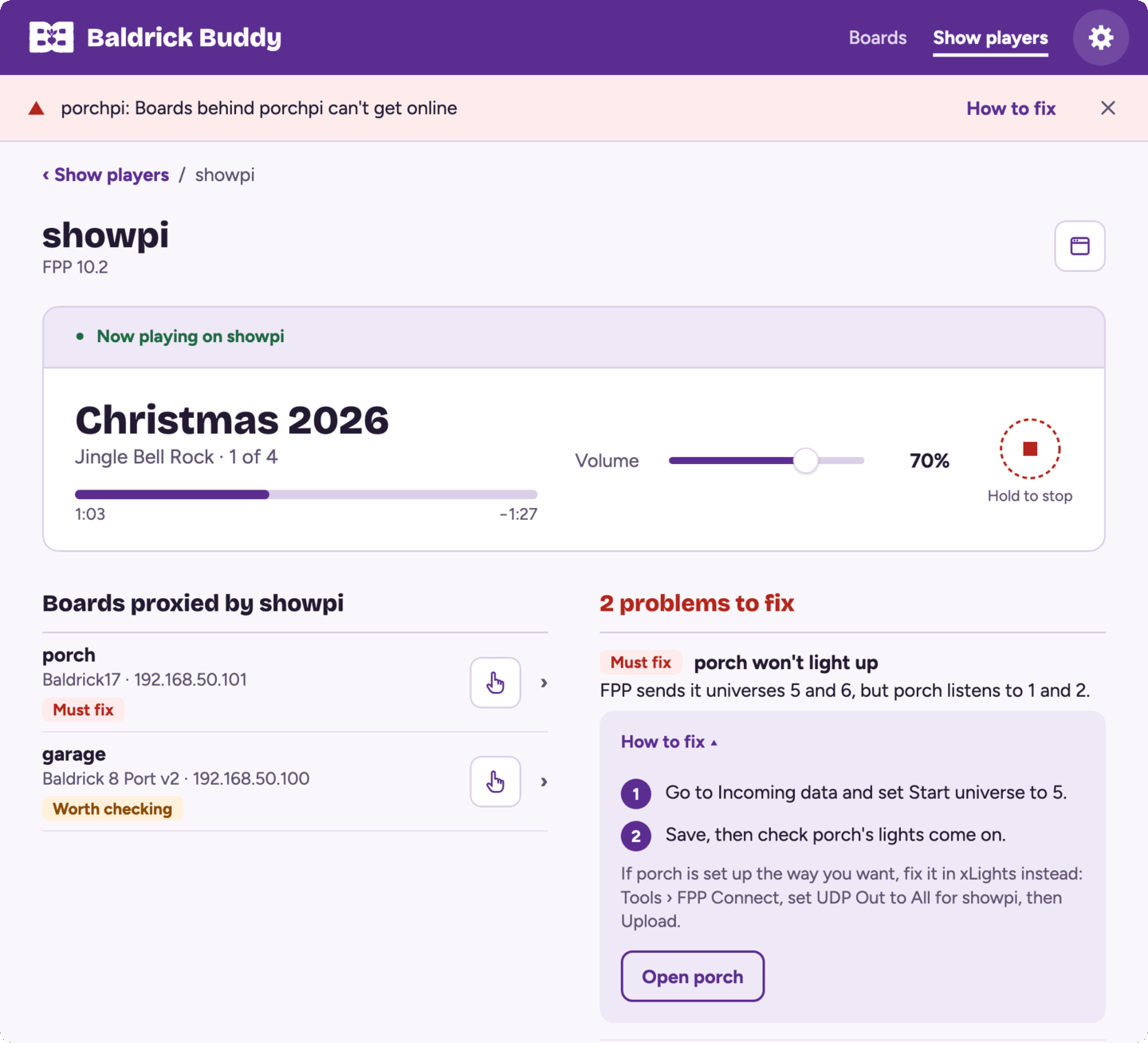 An FPP called showpi in Baldrick Buddy: Christmas 2026 playing, the two boards it proxies, and a problem explained with numbered steps to fix it