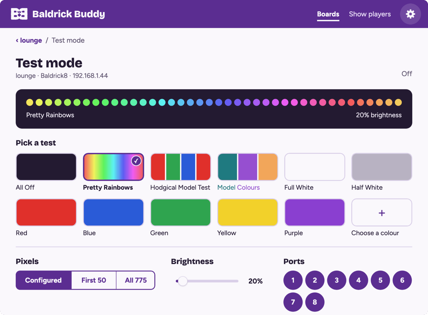 Test mode in Baldrick Buddy: a Pretty Rainbows preview, tiles for each test and colour, and choices for pixels, brightness and ports