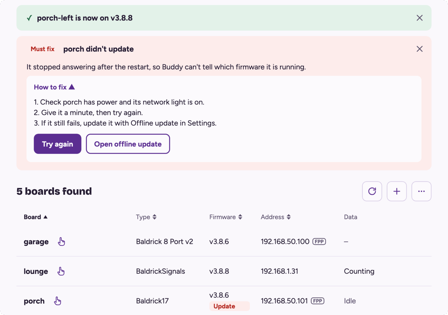 Update results in Baldrick Buddy: porch-left is now on v3.8.8, and porch didn't update, with steps to fix it, Try again and Open offline update