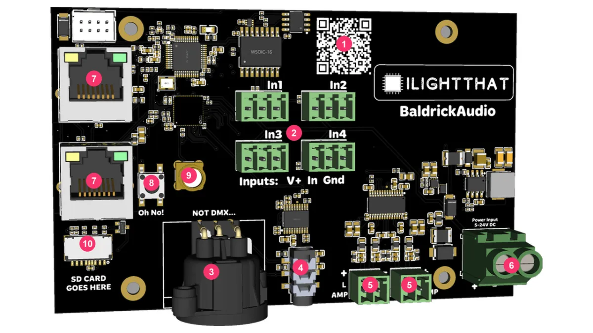 BaldrickAudio board overview with numbered parts
