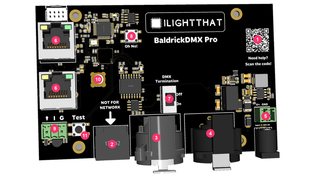 BaldrickDMX Pro board overview with numbered parts