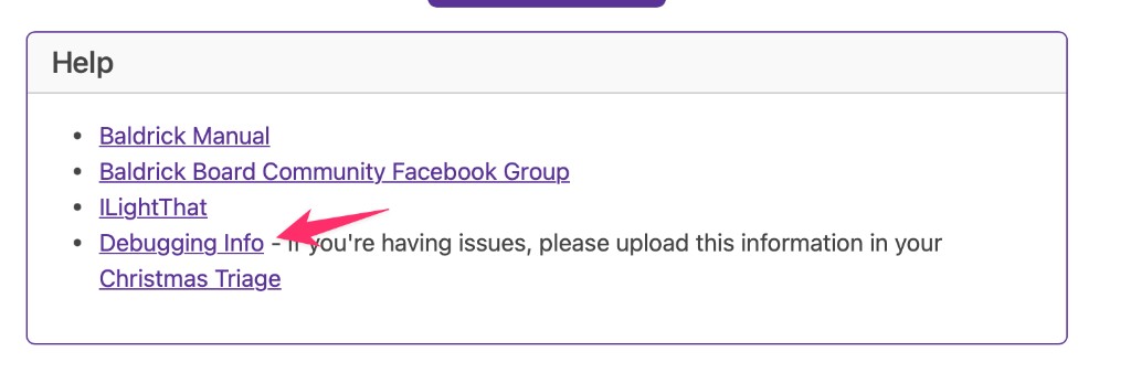Screenshot showing the Help section and Debugging Info link